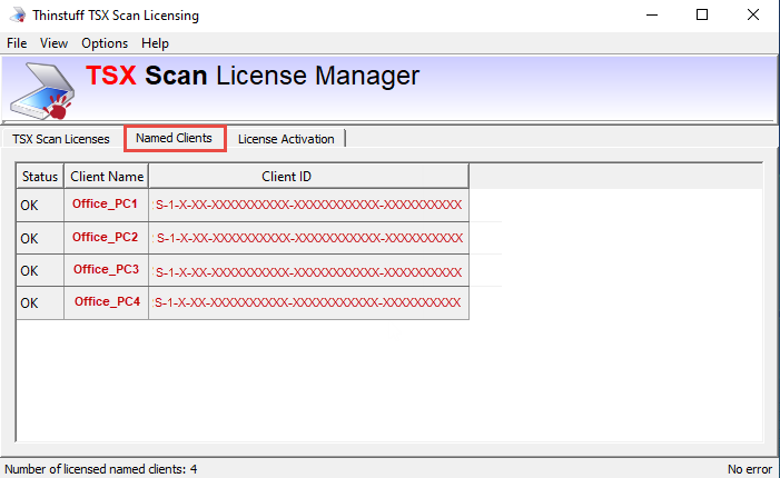 License Manager tab Named Clients